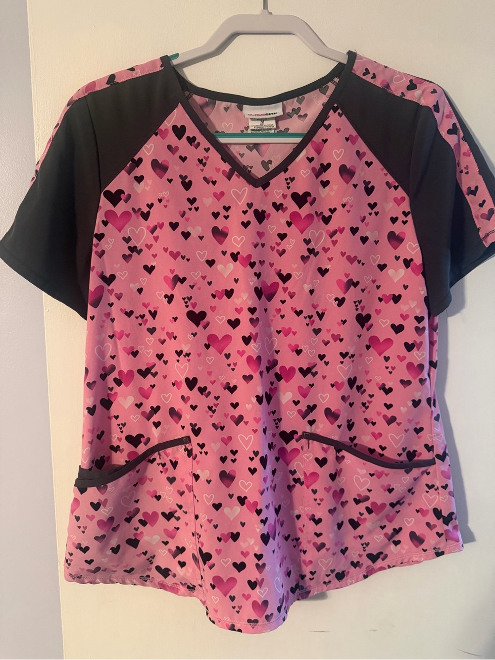 Scrub Star Pink Heart-Print Kids Scrub Top